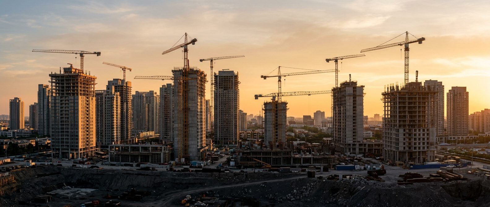 Tower cranes over residential towers under construction at golden hour