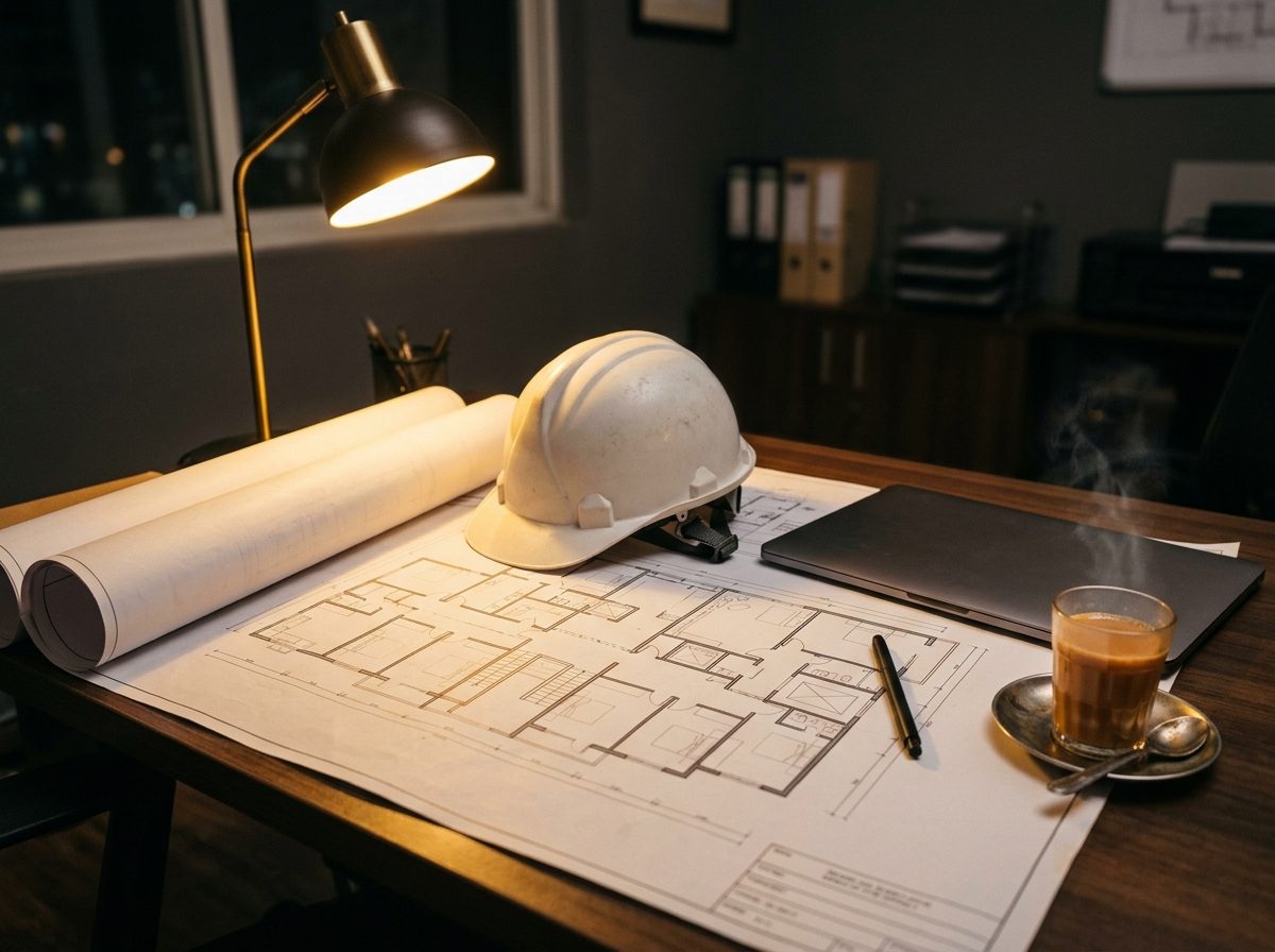 A site office desk with floor plans, a safety helmet and a glass of chai